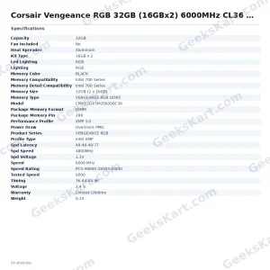 Corsair Vengeance RGB 32GB (16GBx2) 6000MHz CL36 DDR5 RAM