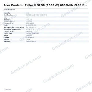 Acer Predator Pallas II 32GB (16GBx2) 6000MHz CL30 DDR5 RAM