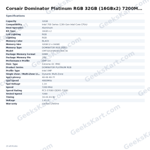 Corsair Dominator Platinum RGB 32GB (16GBx2) 7200MHz CL34 DDR5 RAM