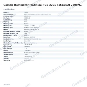 Corsair Dominator Platinum RGB 32GB (16GBx2) 7200MHz CL34 DDR5 RAM
