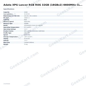 Adata XPG Lancer RGB ROG 32GB (16GBx2) 6600MHz CL32 DDR5 RAM