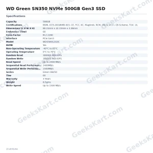WD Green SN350 NVMe 500GB Gen3 SSD