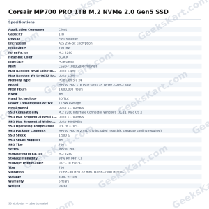 Corsair MP700 PRO 1TB M.2 NVMe 2.0 Gen5 SSD