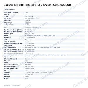 Corsair MP700 PRO 1TB M.2 NVMe 2.0 Gen5 SSD