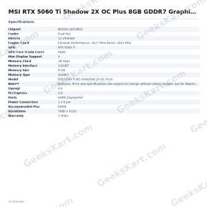 MSI RTX 5060 Ti Shadow 2X OC Plus 8GB GDDR7 Graphics Card