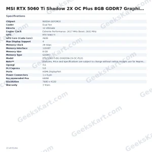 MSI RTX 5060 Ti Shadow 2X OC Plus 8GB GDDR7 Graphics Card
