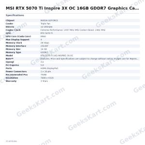 MSI RTX 5070 Ti Inspire 3X OC 16GB GDDR7 Graphics Card