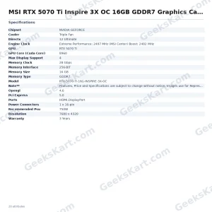 MSI RTX 5070 Ti Inspire 3X OC 16GB GDDR7 Graphics Card