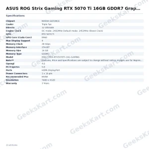 ASUS ROG Strix Gaming RTX 5070 Ti 16GB GDDR7 Graphics Card