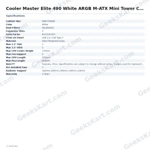 Cooler Master Elite 490 White ARGB M-ATX Mini Tower Case