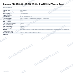Cougar MX600 Air ARGB White E-ATX Mid Tower Case