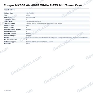 Cougar MX600 Air ARGB White E-ATX Mid Tower Case