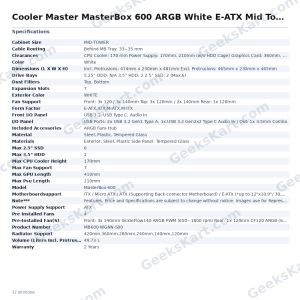 Cooler Master MasterBox 600 ARGB White E-ATX Mid Tower Case