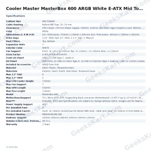 Cooler Master MasterBox 600 ARGB White E-ATX Mid Tower Case