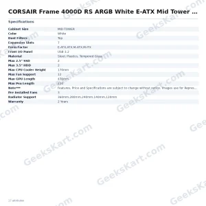 CORSAIR Frame 4000D RS ARGB White E-ATX Mid Tower Case
