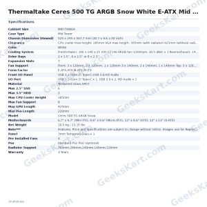 Thermaltake Ceres 500 TG ARGB Snow White E-ATX Mid Tower Case