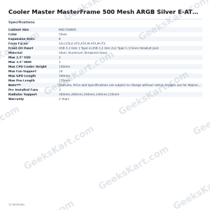 Cooler Master MasterFrame 500 Mesh ARGB Silver E-ATX Mid Tower Case
