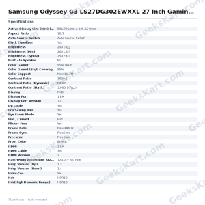 Samsung Odyssey G3 LS27DG302EWXXL 27 Inch Gaming Monitor