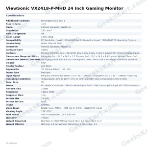 ViewSonic VX2418-P-MHD 24 Inch Gaming Monitor