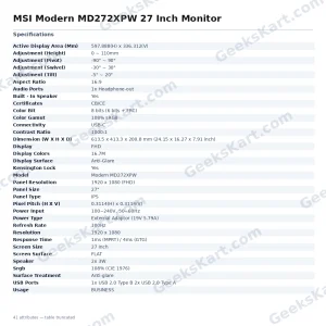 MSI Modern MD272XPW 27 Inch Monitor