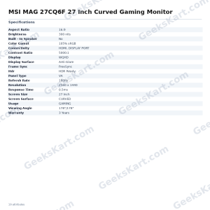 MSI MAG 27CQ6F 27 Inch Curved Gaming Monitor