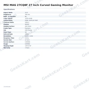 MSI MAG 27CQ6F 27 Inch Curved Gaming Monitor