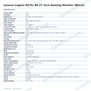 Lenovo Legion R27fc-30 27 Inch Gaming Monitor (Black)