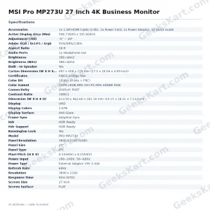 MSI Pro MP273U 27 Inch 4K Business Monitor