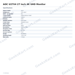 AOC U27V4 27 Inch 4K UHD Monitor