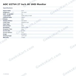 AOC U27V4 27 Inch 4K UHD Monitor
