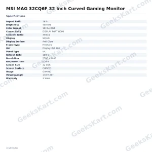 MSI MAG 32CQ6F 32 Inch Curved Gaming Monitor
