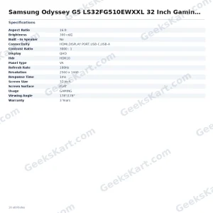 Samsung Odyssey G5 LS32FG510EWXXL 32 Inch Gaming Monitor