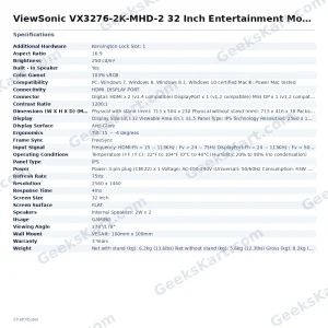 ViewSonic VX3276-2K-MHD-2 32 Inch Entertainment Monitor