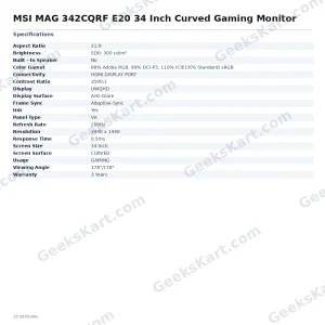 MSI MAG 342CQRF E20 34 Inch Curved Gaming Monitor