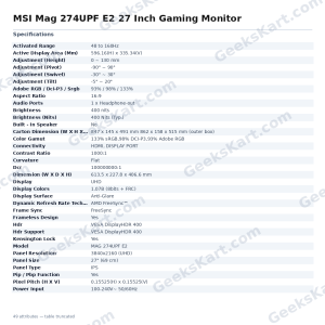 MSI Mag 274UPF E2 27 Inch Gaming Monitor
