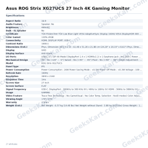 Asus ROG Strix XG27UCS 27 Inch 4K Gaming Monitor
