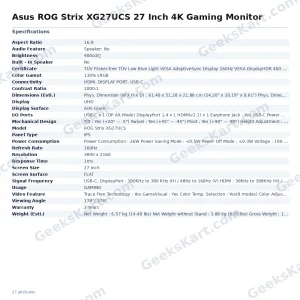 Asus ROG Strix XG27UCS 27 Inch 4K Gaming Monitor