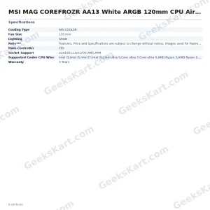 MSI MAG COREFROZR AA13 White ARGB 120mm CPU Air Cooler