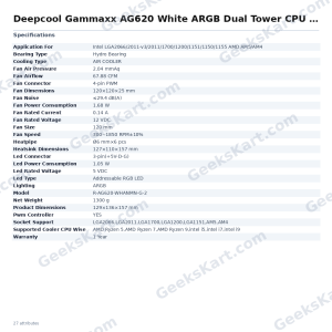 Deepcool Gammaxx AG620 White ARGB Dual Tower CPU Air Cooler
