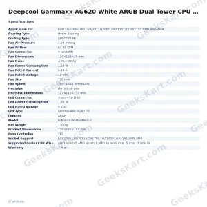 Deepcool Gammaxx AG620 White ARGB Dual Tower CPU Air Cooler