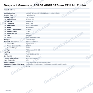 Deepcool Gammaxx AG400 ARGB 120mm CPU Air Cooler – 220W TDP, Intel & AMD Compatible