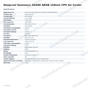Deepcool Gammaxx AG400 ARGB 120mm CPU Air Cooler – 220W TDP, Intel & AMD Compatible