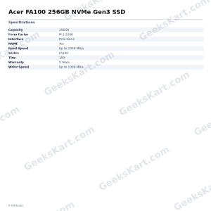 Acer FA100 256GB NVMe PCIe Gen3 M.2 2280 SSD