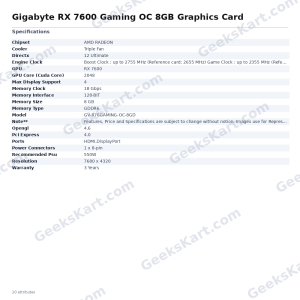 GIGABYTE Radeon RX 7600 Gaming OC 8GB Graphics Card (GV-R76GAMING-OC-8GD)