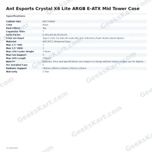 Ant Esports Crystal X6 Lite ARGB E-ATX Mid Tower Gaming Case (Black)