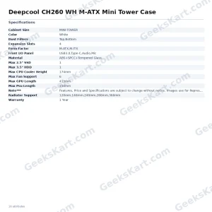 DEEPCOOL CH260 WH M-ATX Mini Tower Case – High Airflow Mesh Design