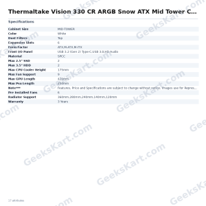 Thermaltake Vision 330 CR ARGB Snow ATX Mid Tower Case – 6 ARGB Fans & Curved Tempered Glass