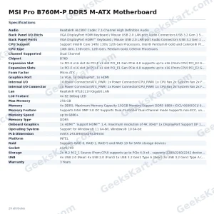 MSI Pro B760M-P DDR5 M-ATX Motherboard