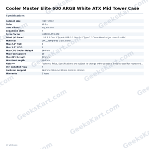 Cooler Master Elite 600 ARGB White ATX Mid Tower Case