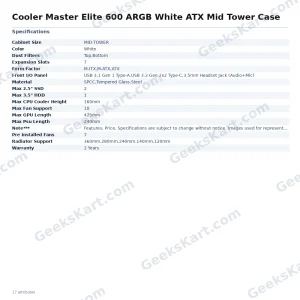 Cooler Master Elite 600 ARGB White ATX Mid Tower Case